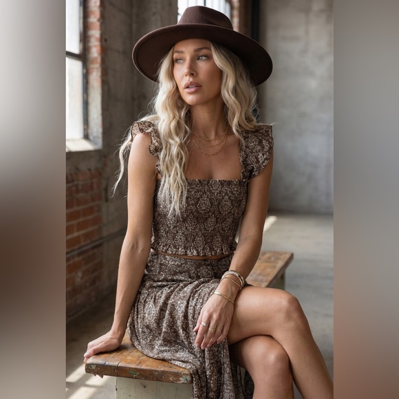 NWT Promesa Boho Floral Print Smocked Ruffle Sleeve Crop Top Cropped Brown - Picture 6 of 6